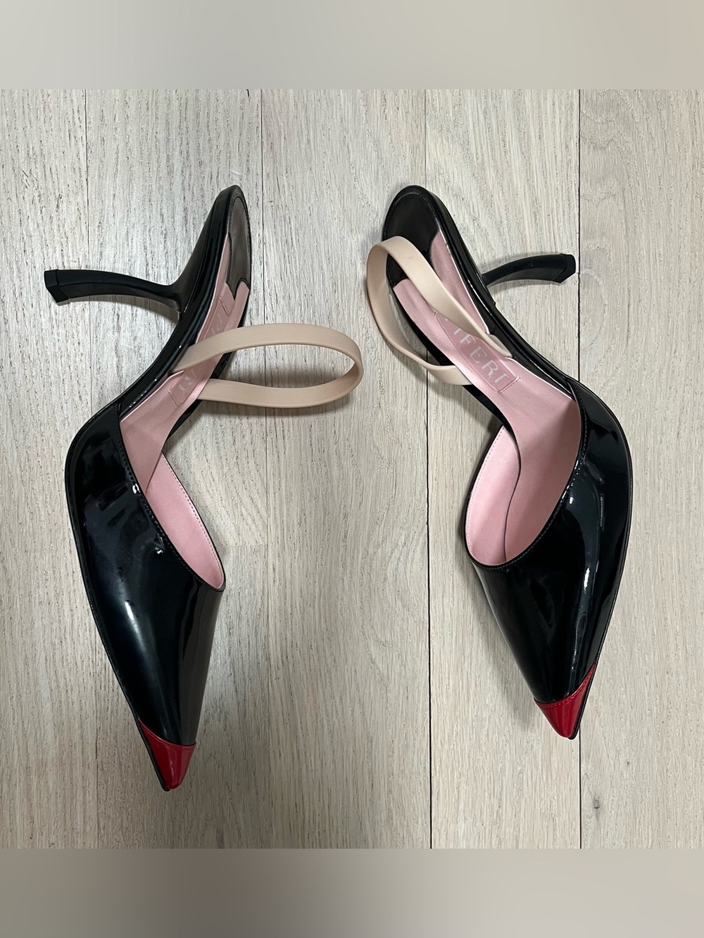 Piferi Black Patent Pointed-Toe Slingback 3" Pumps with Red Tip.  Never worn. - Picture 2 of 5